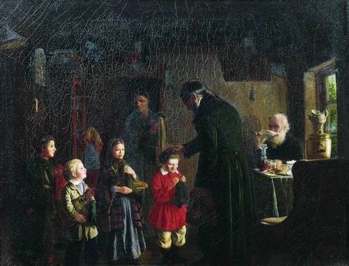«Именины дьячка», 1862 г., холст, масло. 39.2 x 45.4 см,   Государственная Третьяковская галерея  
