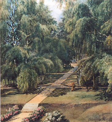 Д.В. Путята. Часть сада с аллеей роз. 1869. Бумага, акварель
