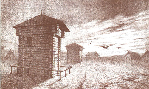 Башня Братского острога. Литография П. Бореля. 1877 г.
