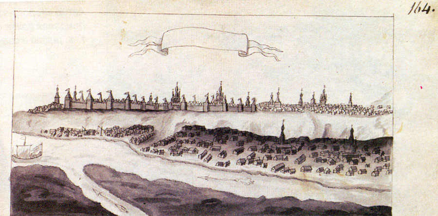 Лист 164. Панорама Тобольска. Время создания рисунка можно отнести к 1677 г.
